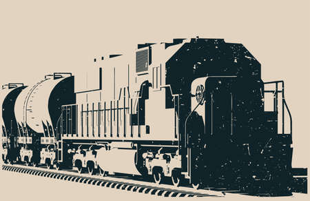 Stylized vector illustration of a freight locomotive with tank wagons old poster templateのイラスト素材