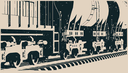 Stylized vector illustration of a freight locomotive with tank wagons close up template retro posterのイラスト素材