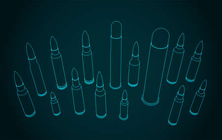 Stylized vector illustrations of bullets of various calibers set