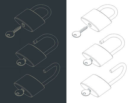 Stylized vector illustrations of drawings of padlock with key in different positionsのイラスト素材