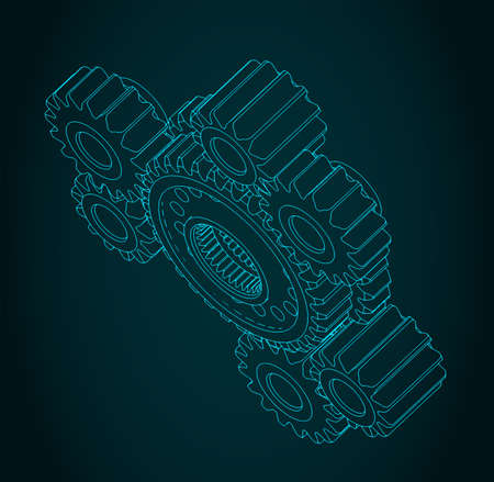 Stylized vector illustration of isometric blueprints of gear transmissionのイラスト素材