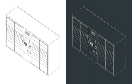 Stylized vector illustration of isometric drawings of automated parcel terminalのイラスト素材