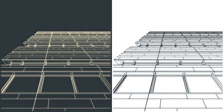 Stylized vector illustration of drawings of building facade close upのイラスト素材