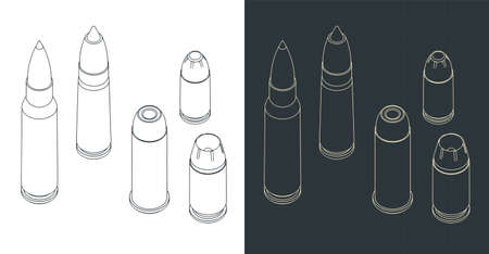 Stylized vector illustration of isometric drawings of bullets of various calibersのイラスト素材