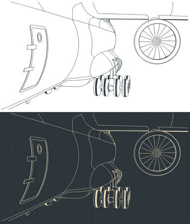 Stylized vector illustration of landing gear and turbofan engine of a heavy cargo aircraft close-upのイラスト素材