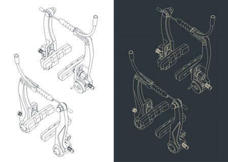 Stylized vector illustration of isometric blueprints of bicycle v-brakeのイラスト素材