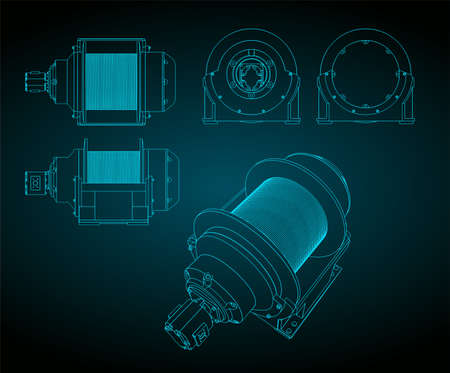 Stylized vector illustrations of blueprints of large hydraulic winchのイラスト素材