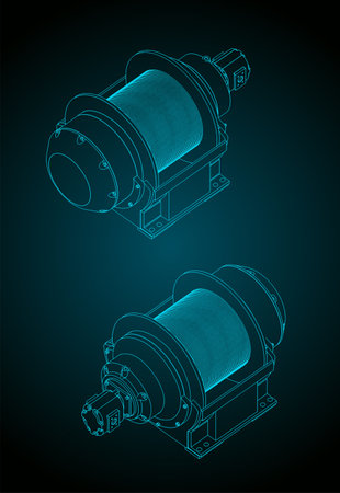 Stylized vector illustrations of isometric blueprints of large hydraulic winchのイラスト素材