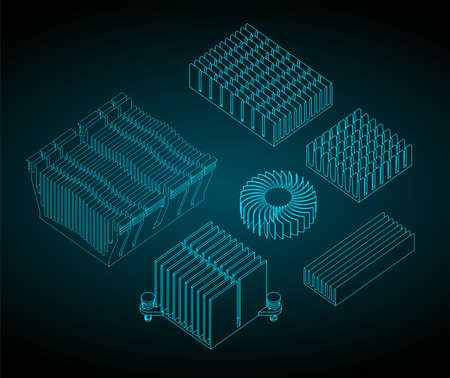 Stylized vector illustrations of drawings of a set of heatsinks for processors, memory chips and...