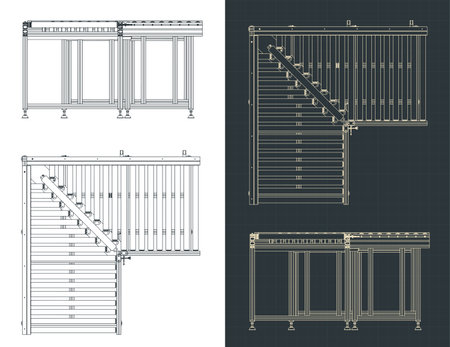Stylized vector illustration of blueprints of corner section of roller conveyorのイラスト素材
