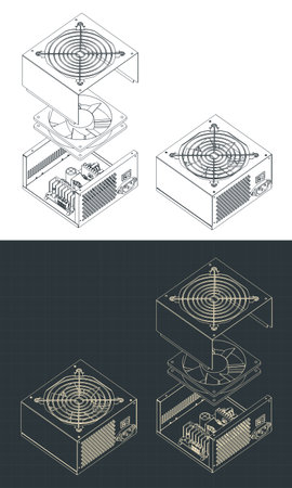 Stylized vector illustration of isometric blueprints of disassembled PSUのイラスト素材
