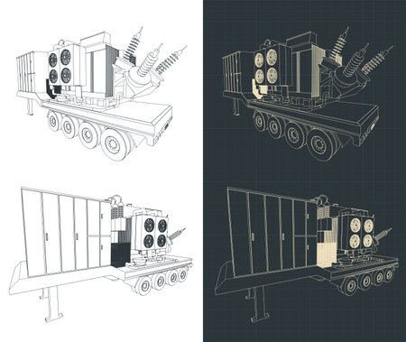 Stylized vector illustrations of isometric blueprints of high-voltage mobile substances