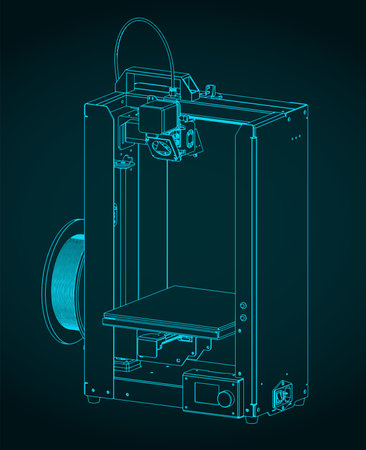 Stylized vector illustrations of blueprints of 3D Printer