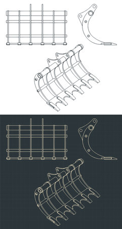 Stylized vector illustration of blueprints of rake for excavatorのイラスト素材