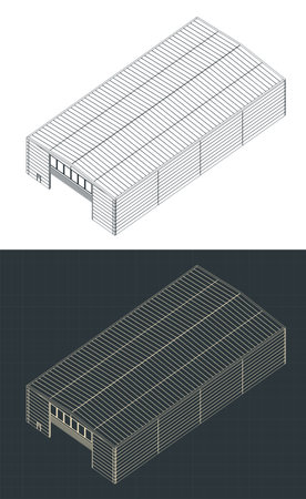 Stylized vector illustration of isometric blueprints of industrial hall buildingのイラスト素材