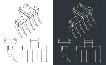 Stylized vector illustration of blueprints of small rake for excavatorのイラスト素材