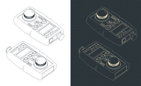 Stylized vector illustration of isometric blueprints of hand remote control for CNC machineのイラスト素材
