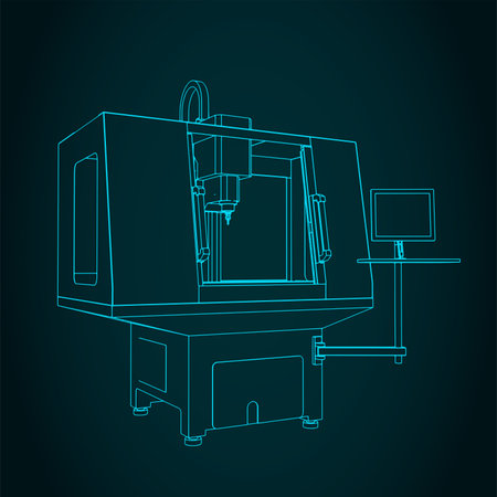 Stylized vector illustration of blueprints of automatic CNC milling machineのイラスト素材