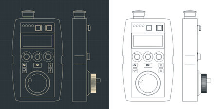 Stylized vector illustration of blueprints of hand remote control for CNC machineのイラスト素材