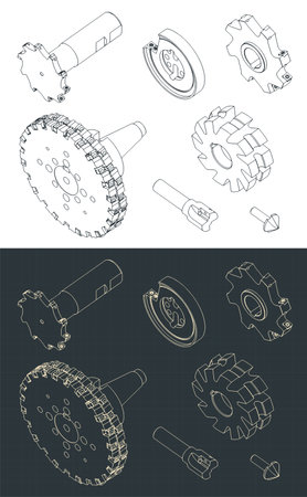 Stylized vector illustrations of isometric blueprints of different milling cuttersのイラスト素材