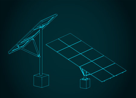 Stylized vector illustrations of blueprint of solar panels