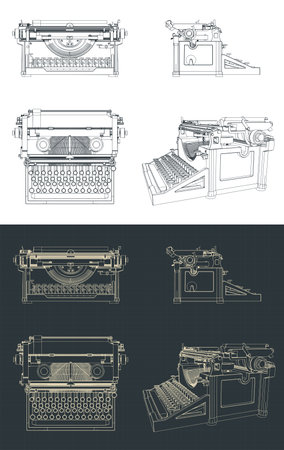 Stylized vector illustrations of blueprints of retro typewriterのイラスト素材