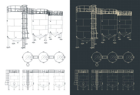 Stylized vector illustration of blueprints of big fermentation stainless steel tanksのイラスト素材
