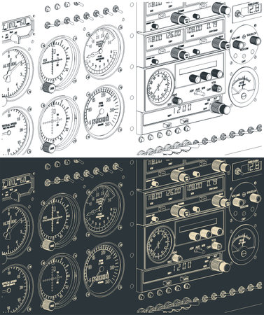 Stylized vector illustrations of an airplane control panel close upのイラスト素材