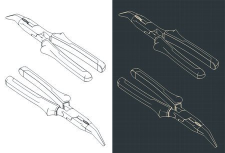 Stylized vector illustration of isometric blueprints of bent long nose pliersのイラスト素材