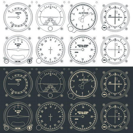 Stylized vector illustration of blueprints of airplane control panelのイラスト素材