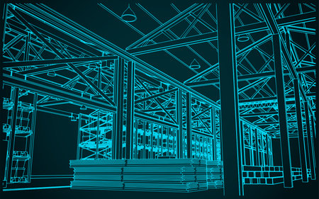 Stylized vector illustrations of a large warehouse with boxes, shelves and goodsのイラスト素材
