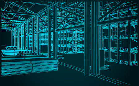 Stylized vector illustration of the interior of a large warehouse with boxes, shelves and goodsのイラスト素材