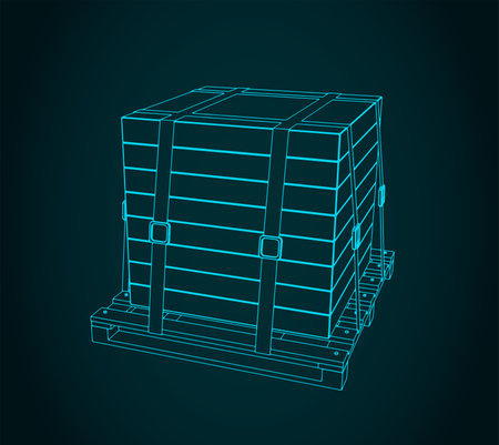 Stylized vector illustration of packaged cargo fixed on palletのイラスト素材