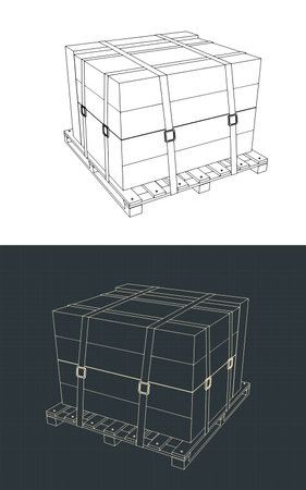 Stylized vector illustration of packaged cargo fixed on palletのイラスト素材