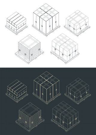 Stylized vector isometric illustration of packaged different type of cargo fixed on palletsのイラスト素材