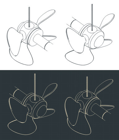 Stylized vector illustration of isometric blueprints of propeller screw with variable blade angleのイラスト素材