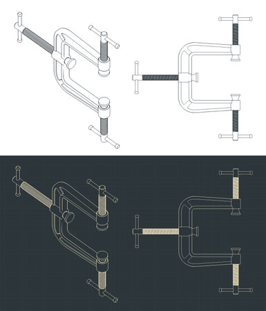 Stylized vector illustration of blueprints of three way C-clampのイラスト素材