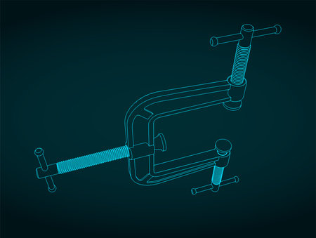 Stylized vector illustration of blueprint of three way C-clampのイラスト素材