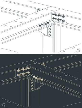 Stylized vector illustration of isometric blueprints of steel beam to beam connectionsのイラスト素材