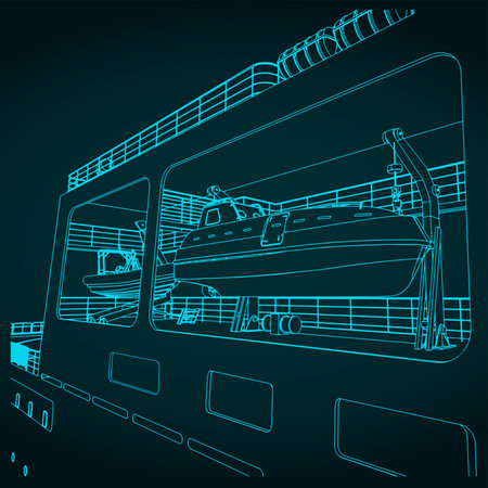 Stylized vector illustration of rescue boats aboard a large ship close-upのイラスト素材