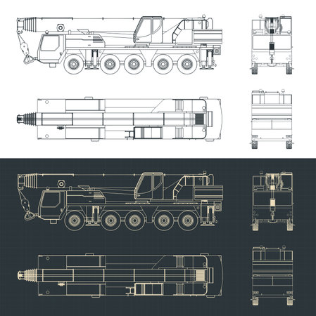 Stylized vector illustrations of blueprints of mobile crane with powerful long telescopic boomのイラスト素材