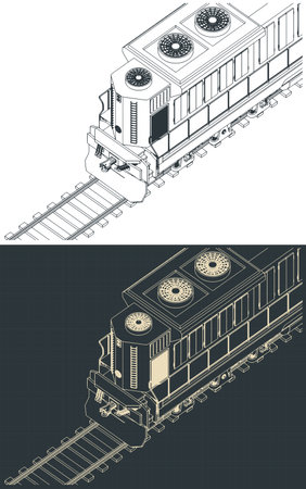 Stylized vector illustrations of isometric blueprints of diesel locomotive close upのイラスト素材