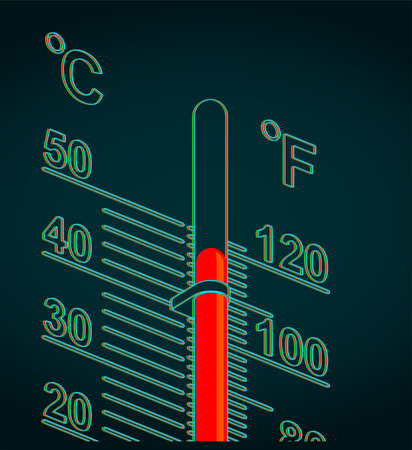 Stylized vector illustration of a thermometer with high temperature on it