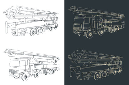 Stylized vector illustrations of sketches of concrete pump truckのイラスト素材