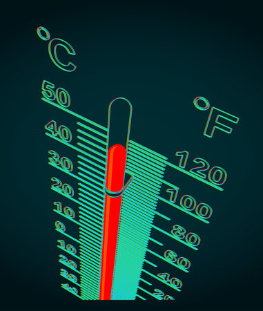 Stylized vector illustration of a thermometer with high temperature on it close-up
