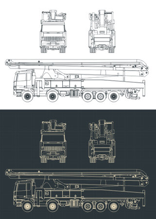 Stylized vector illustrations of blueprints of concrete pump truckのイラスト素材