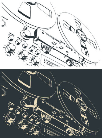Stylized vector illustrations of reel to reel tape recorder close upのイラスト素材