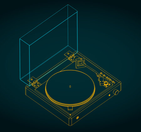 Stylized vector illustration of isometric blueprint of turntable vinylのイラスト素材