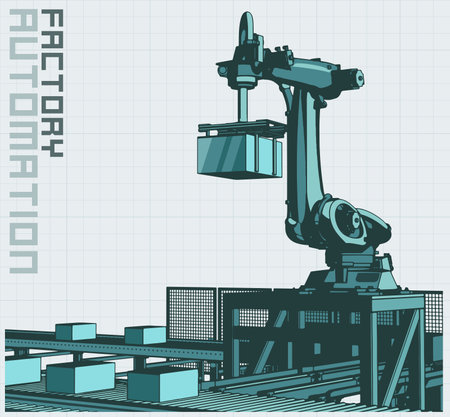 Stylized vector illustration of automated conveyor lineのイラスト素材
