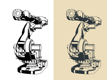 Stylized vector illustration of an industrial robotic arm for automated production linesのイラスト素材